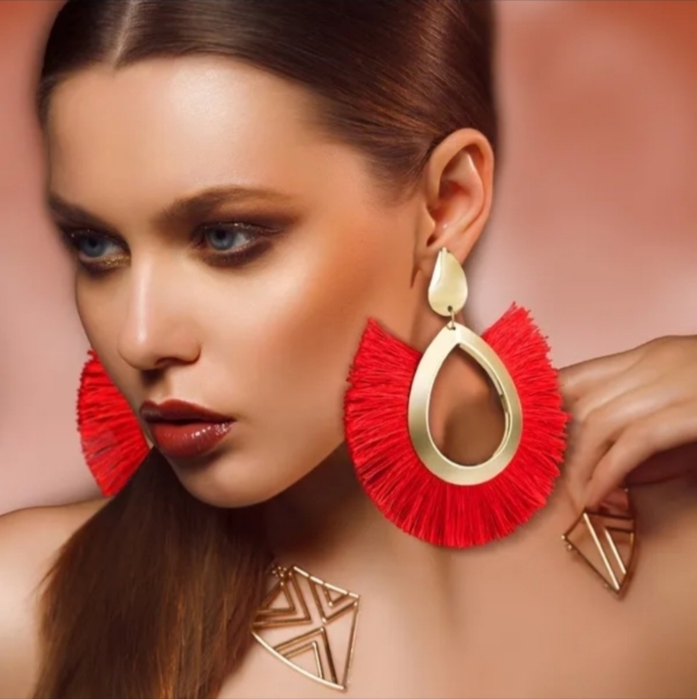 CHA CHA SCARLET RED SILK LARGE HOOP BOHO EARRINGS
